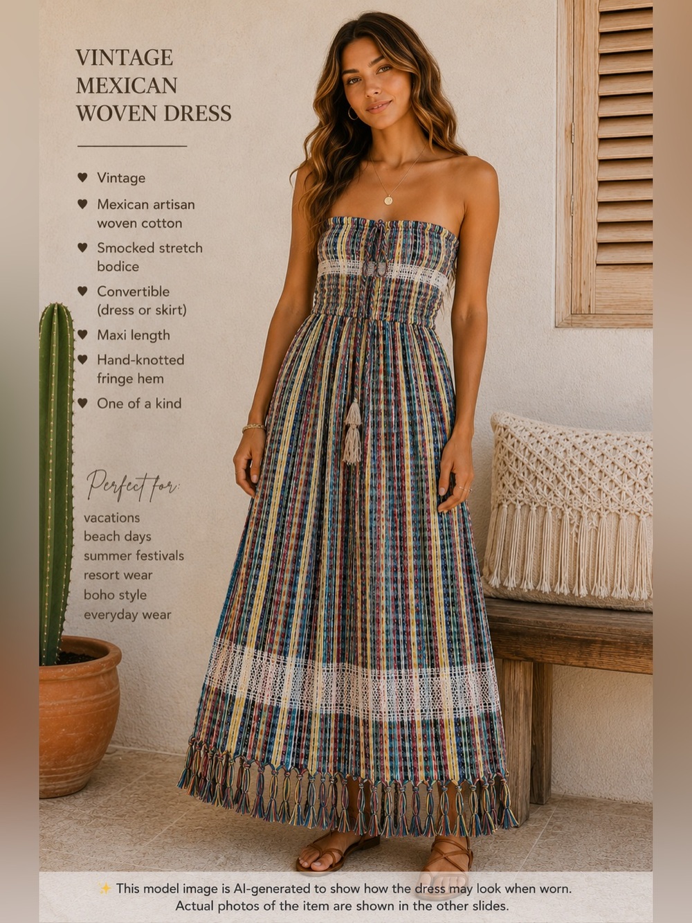 Vintage Mexican Artisan Woven Cotton Convertible Maxi Dress | Boho Fringe | S